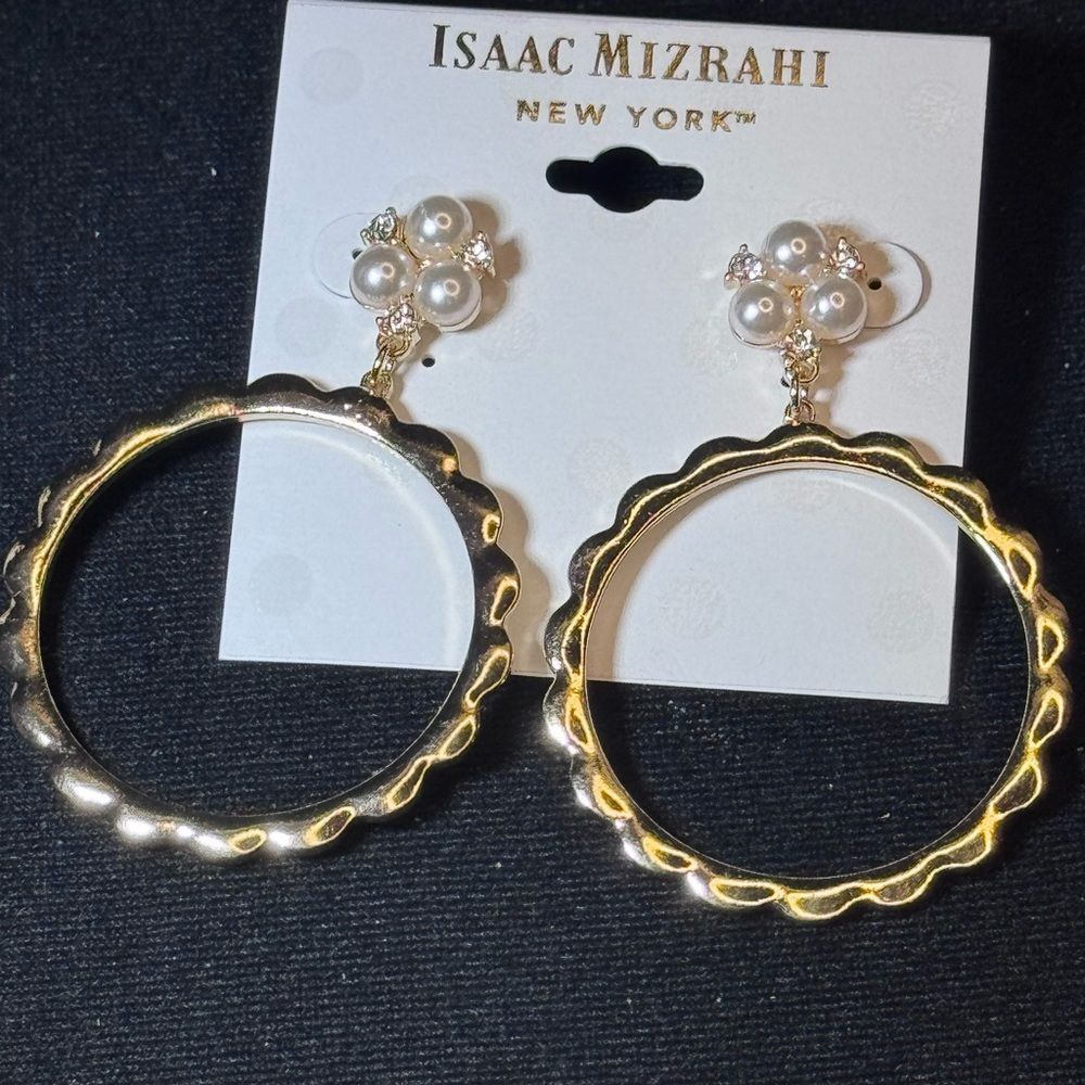 ISAAC MIZRAHI Gold Faux Pearl Crystal Circle Drop Earrings NWT 2.5"